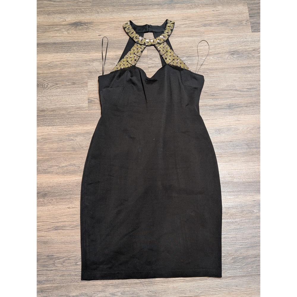 Cache Womens Black Gold Beaded Halter Bodycon Cocktail Dress Size 14 Made in USA